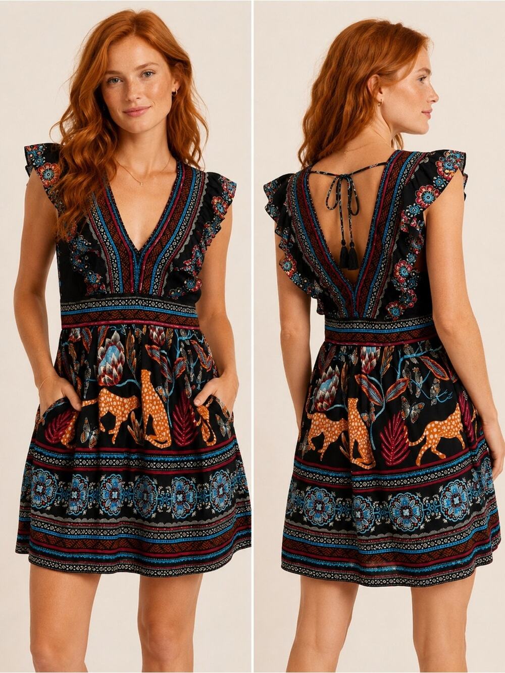 Anthropologie V-Neck Plunge Tunic Mini Dress Black Animal Print Motif Size Small